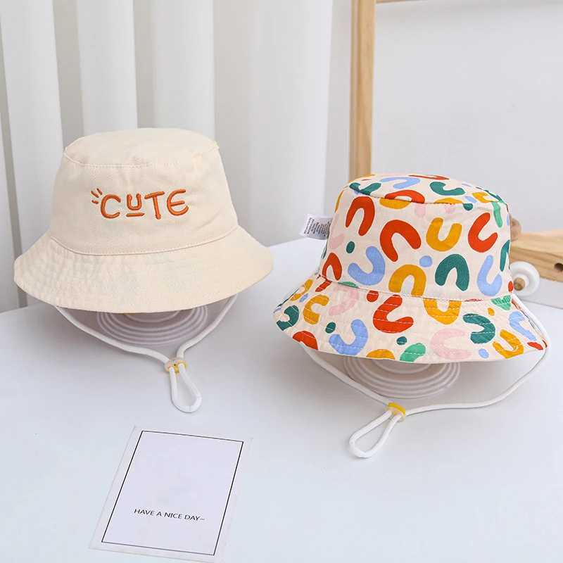 Caps Hats Double sided childrens bucket hat with cute letter string embroidered boy girl fisherman Panama summer outdoor sun cobra H241223