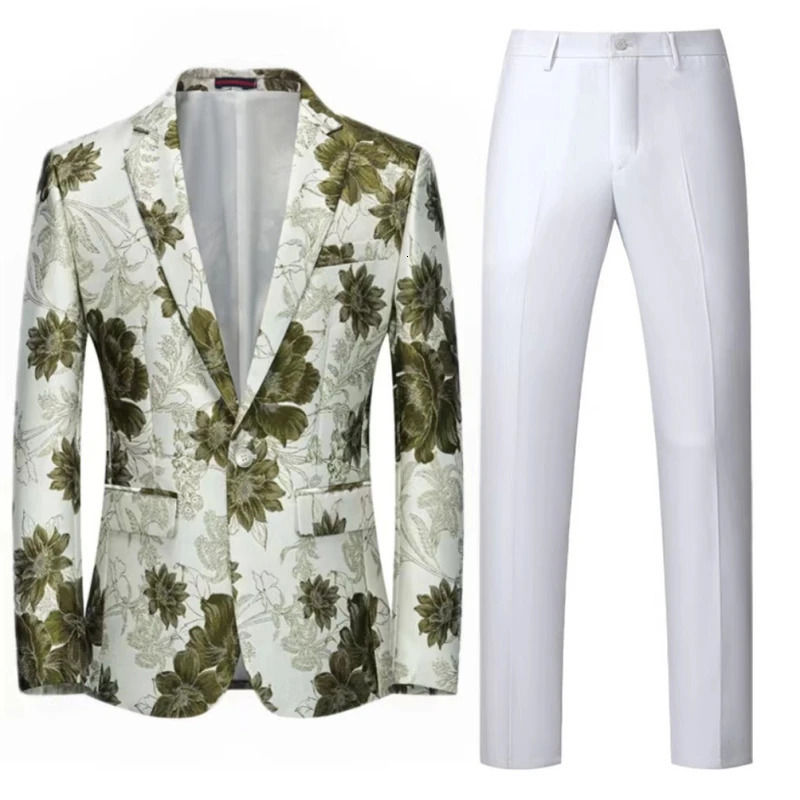 Men Suit 2 Pieces Orange Flower Pattern One Button Business Casual For Wedding Birthday Party Set Jacket And Pants 241220