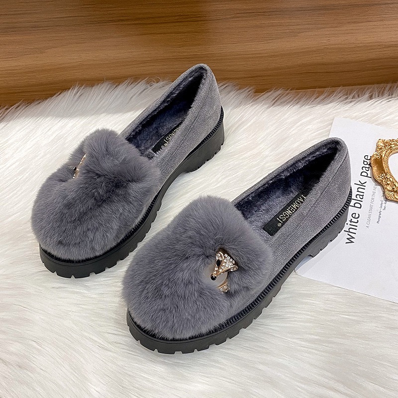 cozy rabbit fur flats 84ee8 rhie buckle plush moccasins crystal furry New loafers women winter cotton shoes ry