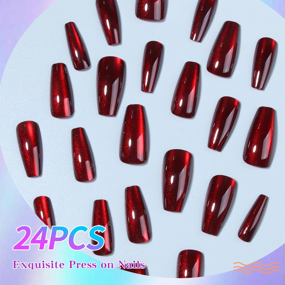 24pcs long false nail cherry color ballet nail sexy simple cats eye bright press on nail reusable suitable for women 241223
