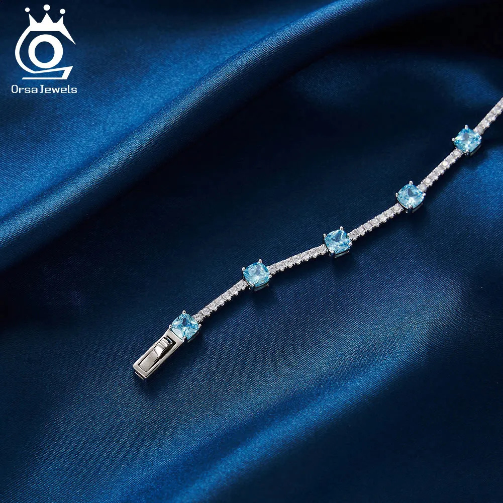 ORSA JEWELS Elegant Created Aquamarine CZ Chain Bracelet 925 Sterling Silver 5A Zircon Tennis Bracelet for Women Jewelry LZB03 241214