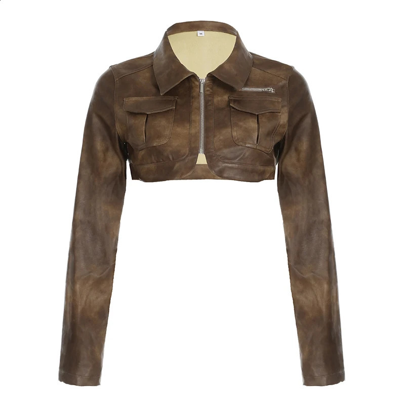 CIBBAR Brown Leather Cropped Jacket y2k Vintage Pocket Patchwork Zip Up Full Sleeve PU Coat 2000s Streetwear Women Jackets Retro 241223