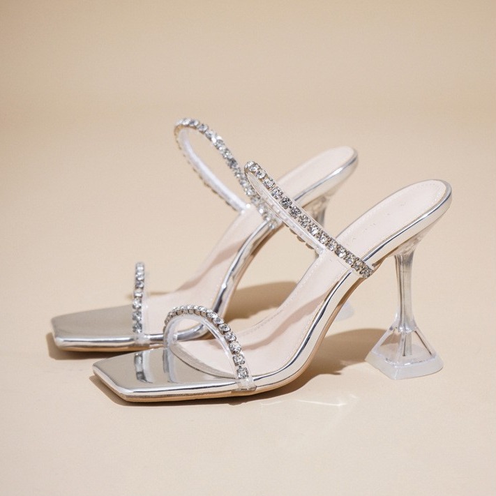 2025 summer new diamond-shaped high heels sandals women fine with transparent beautiful senior sense silver apricot black slippers