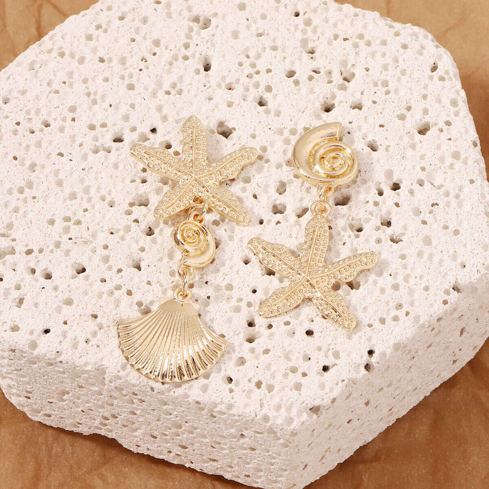 vacation style earrings, light gold starfish shell, versatile temperament