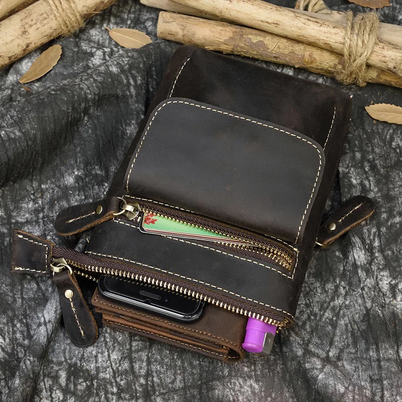 Men Vintage Genuine Leather Waist Pack Shoulder Strap Belt Bag Small Crazy Horse Leather Crossbody bag Belt Phone Pouch 241223