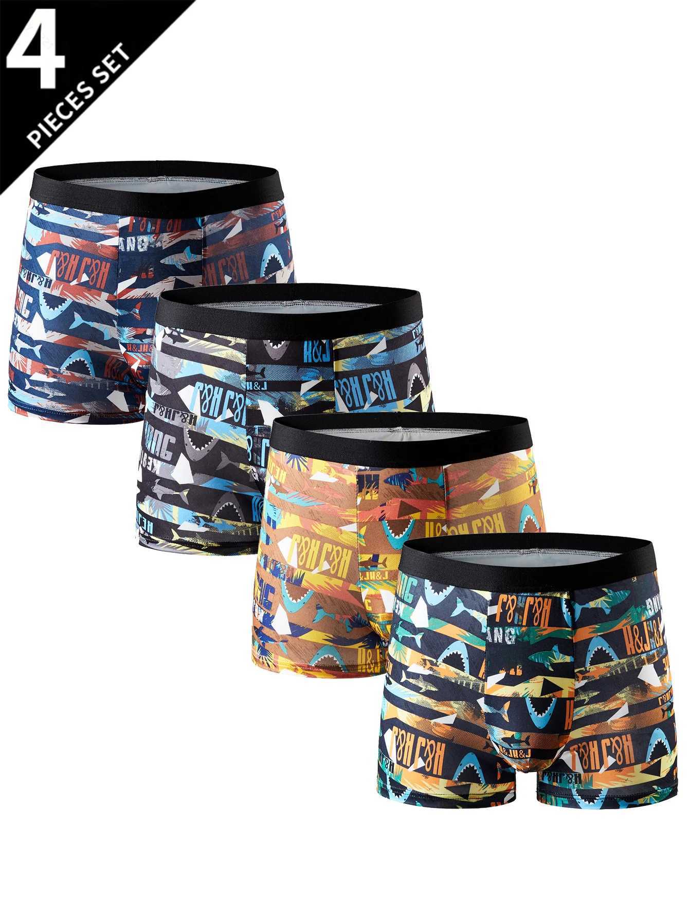 4 packs of shark print mens intimate casual boxing shorts breathable and comfortable elastic boxing shorts sports shorts W241223
