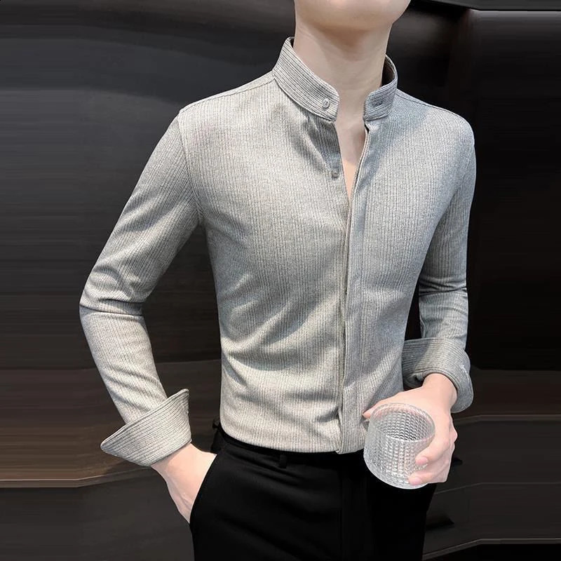 Spring Autumn Stand Collar Casual Fashion Woolen Shirt Male Long Sleeve Solid Color Buttons Business Bottomed Blouse Top Men 241223