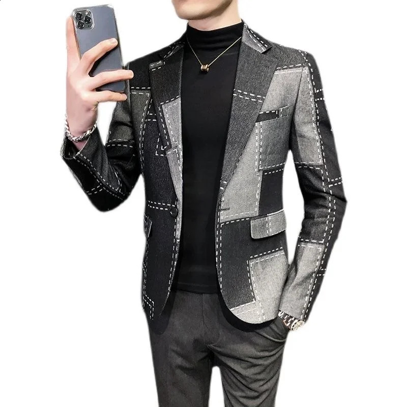 Fashion Patchwork Geometric Print Mens Blazer Vintage Hombre Casual Suit Men Jacket Autumn Plaid Stylish 241218