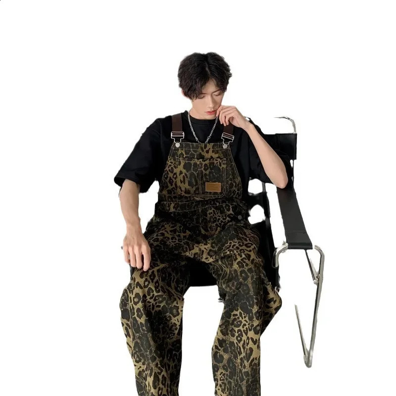 2024 American Style Vintage Loose-Fit Straight-Leg Workwear Sensibility Leopard Slipsbib Pants High Street Trendy Jeans For Men 241223