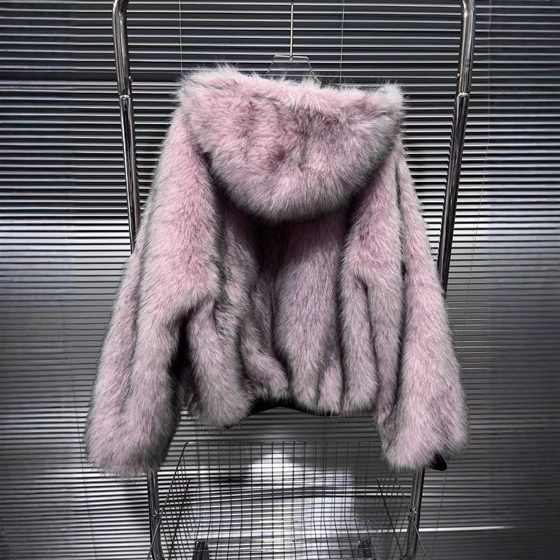 Fashion Women's Spliced Fur Design Hooded Coat Winter New Zipper Long Sleeves Jacket Female Trendy 33A2199