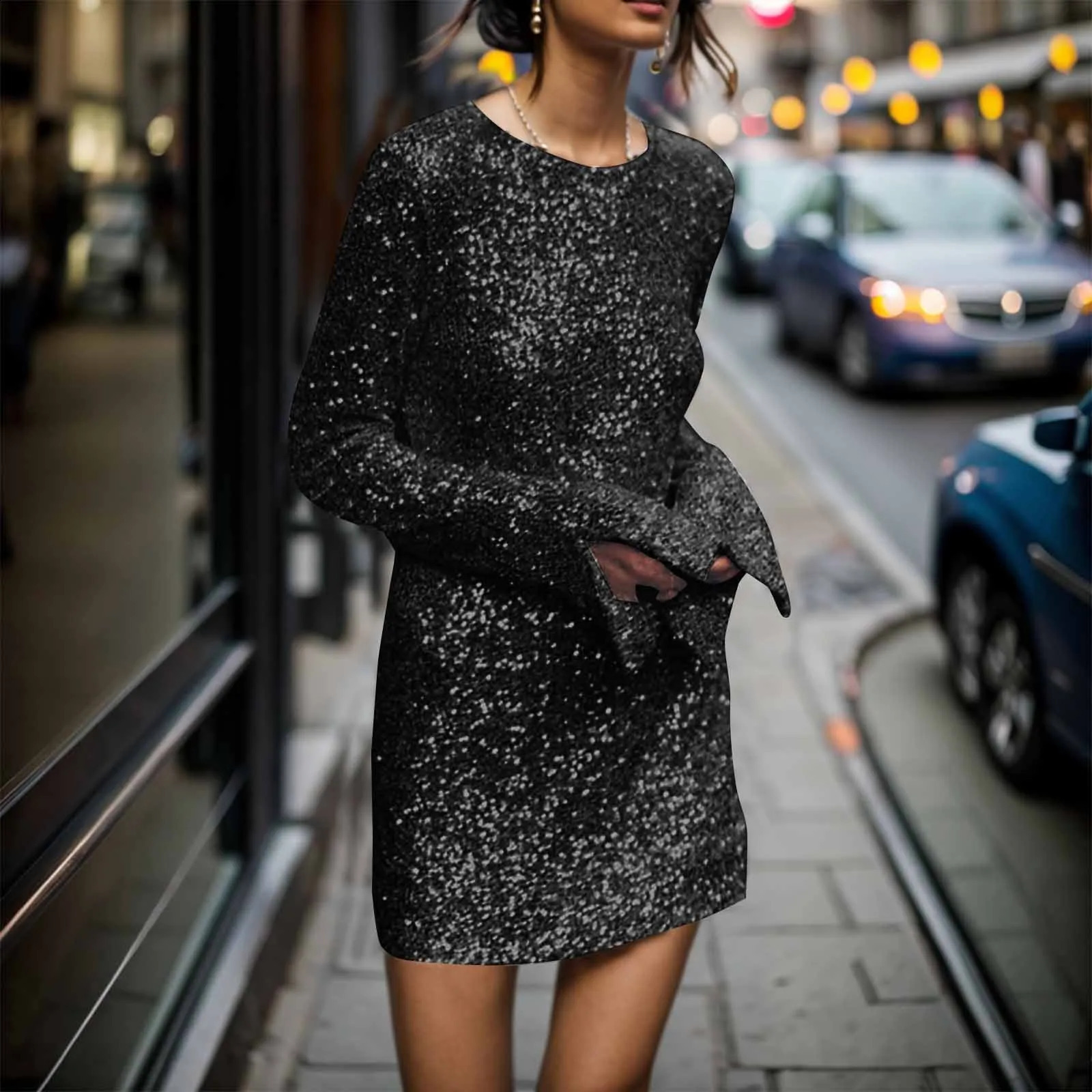 Elegant Sparkling Glitter Womens Long Sleeve Sparkling Hip Wrap Mini Dress Club Party Cocktail Tank Top 241223