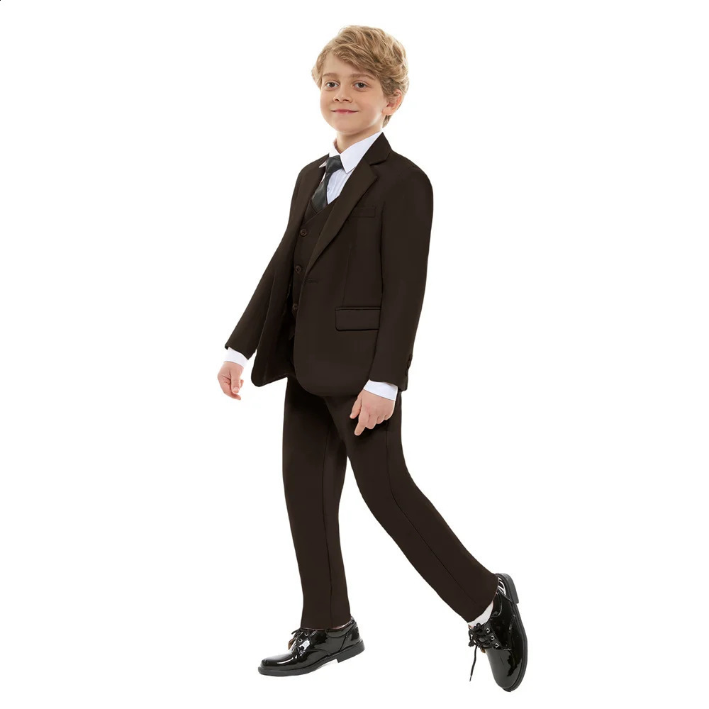 Boys Brown Suit Set Spring Autumn Children Host Performance Wedding Birthday Party Costume Kids Blazer Pants Bowtie Clothes 241223