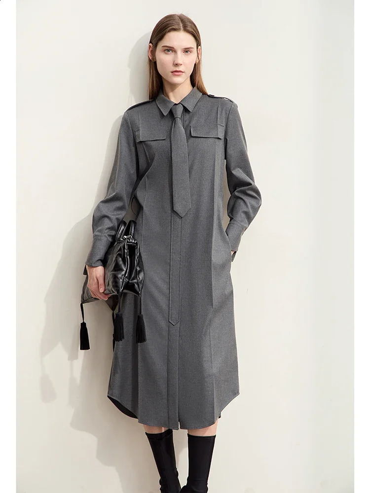 Amii Minimalism Shirt Dress For Women Autumn Military Style With Belt Tie Retro Fashion Long Womens Dresses 12443073 241218