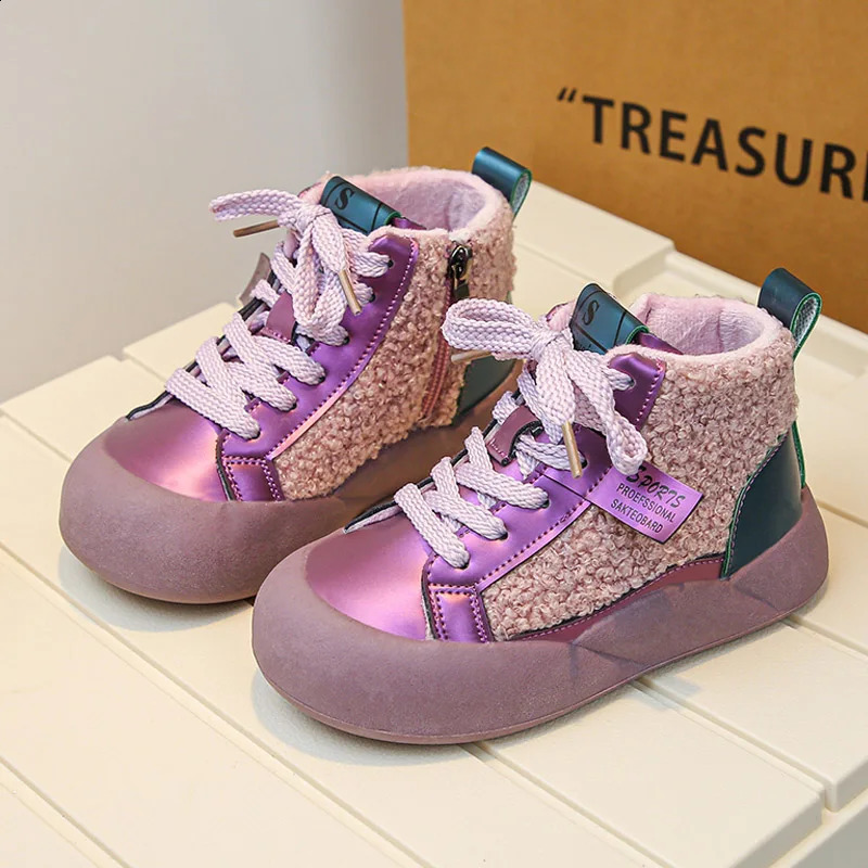 Fashion Purple Black Lambswool High Top Sneakers for Kid Girls Casual Plush Short Boots Boys Winter Warm Furry Sport Shoes 241223