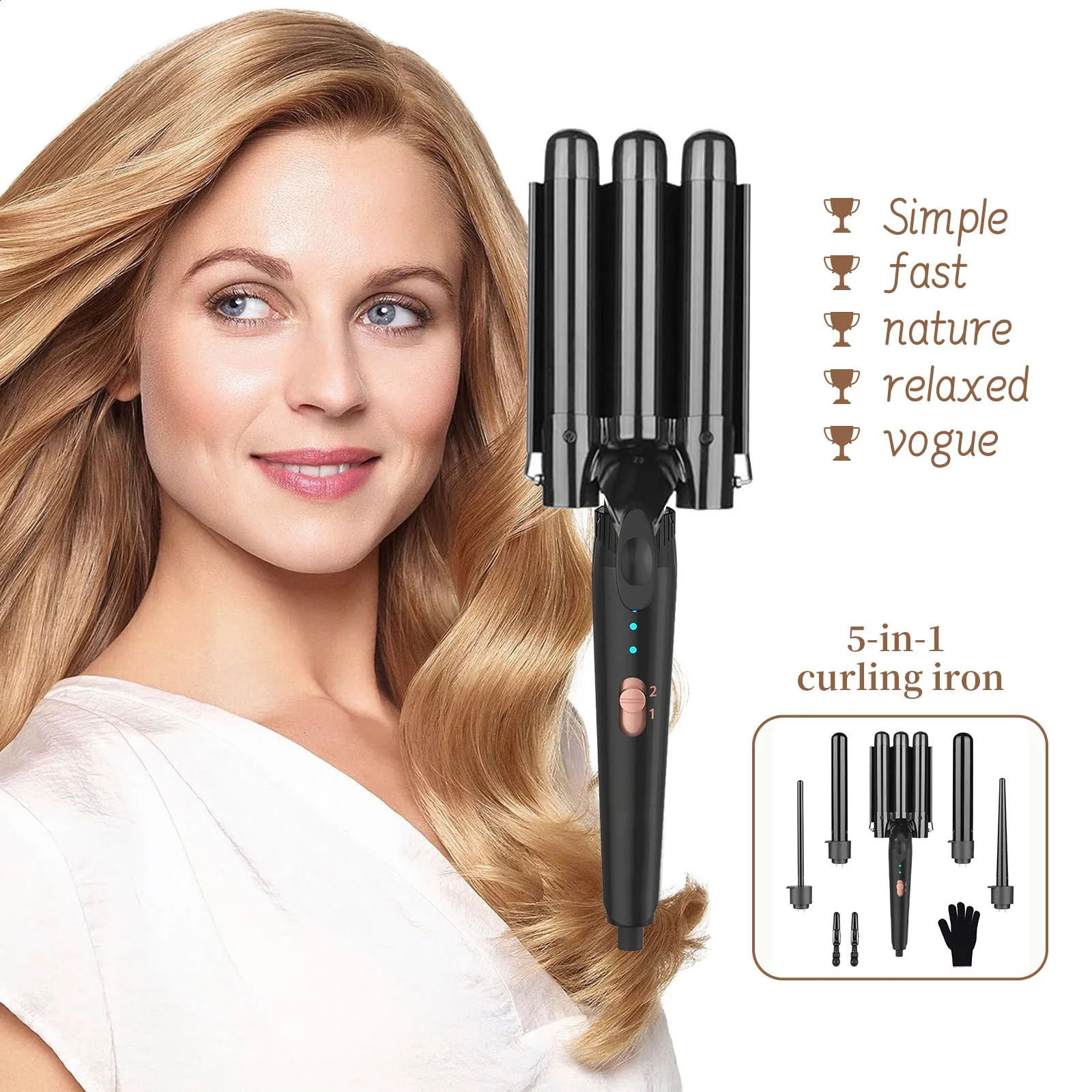 5 In 1 Iron Set With Brush And 4 Interchangeable Ceramic Curling Wand Instant Heat Up Dual Voltage Hair Curler 241223