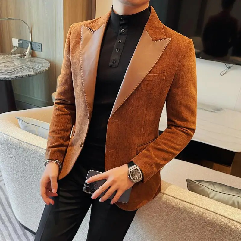 Men Blazer Jackets High Quality Korean Clothing Fashion PU Leather Spliced Collar Blazers Mens Slim Fit Business Coats 241220