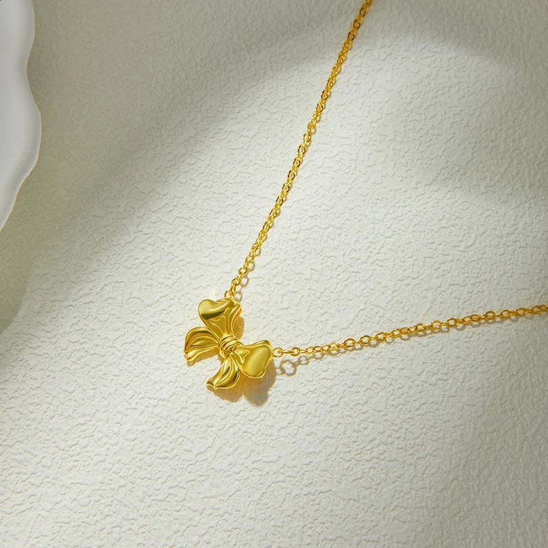 925 Sterling Silver Fashion Bow Pendant Necklace for Women Vintage Elegant 18K Gold-plated Chain Jewelry Gift 241220
