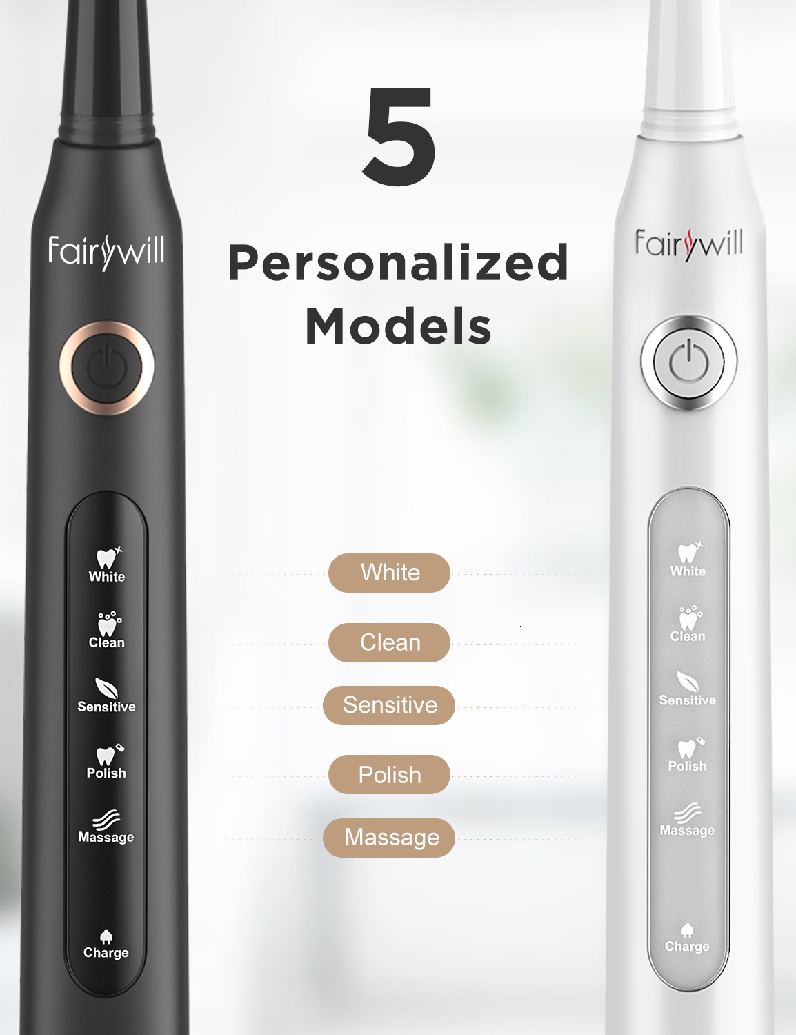 Fairywill Sonic Electric Toothbrush Fw-D7 Set USB Charge Toothbrushes Case For Adult With Tooth Brush Heads 5 Mode Smart Time
