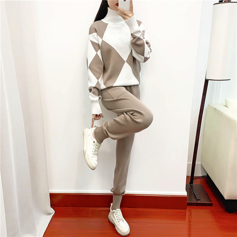 new New 2 Pieces Women Tracksuit Suits Carrot Jogging Pants Pullover Sweater Set CHIC Knitted Outwear