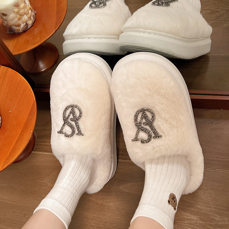 Baotou Hairy Cotton Versatile Autumn And Winter New Warm Home Bright Diamond Slippers Fashionable Women's Shoes For Wearing Outside