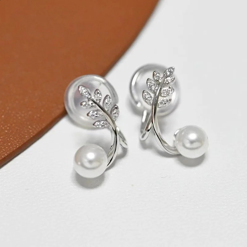MeiBaPJ 6.5-7mm Natural White Round Pearls Fashion Leaf Ear Clip 925 Silver Fine Wedding Jewelry for Women 241220