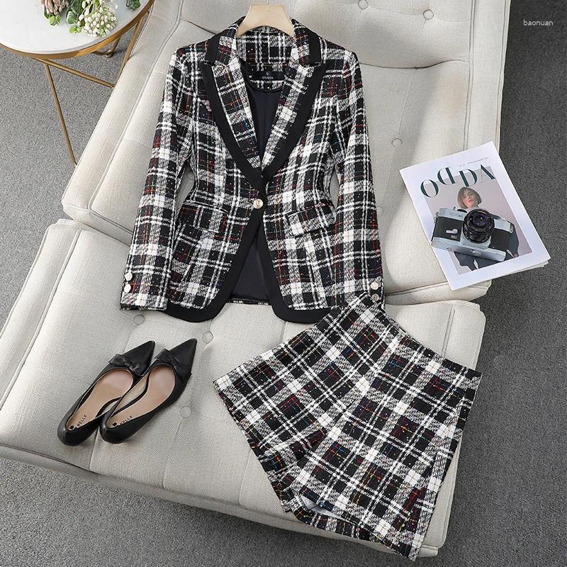 Womens Tracksuits ZJYT Autumn Winter Vintage Plaid Tweed Jacket And Shorts Suit 2 Pieces Matching Sets For Women Plus Size Casual Outfit