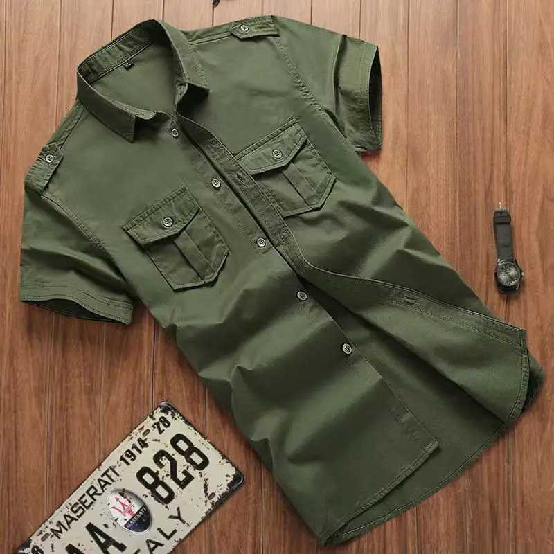 Military shirt mens casual fashion clothing cotton short sleeved retro solid black simple direct shipping W241223