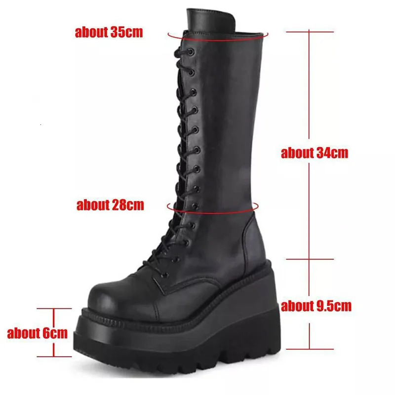 Winter Women Boots Mid-calf Wedge High Heel Platform Lace Up Zip Ladies Pumps Female Punk Gothic Motorcycle Black Round Toe Shoe 241213