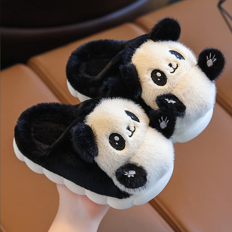 Cute Childrens Cartoon Panda Winter Slippers Comfortable Warm Cotton Shoes Boys Girls Indoor Home Fluffy Slippers 241223