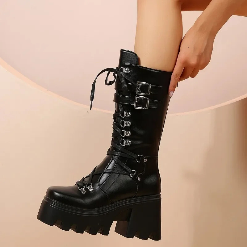 2024 Winter Womens Fashion Medium Tube Boots Lace Upward High Platform Wedge Boots Womens Fashion Solid Color Boots 241213