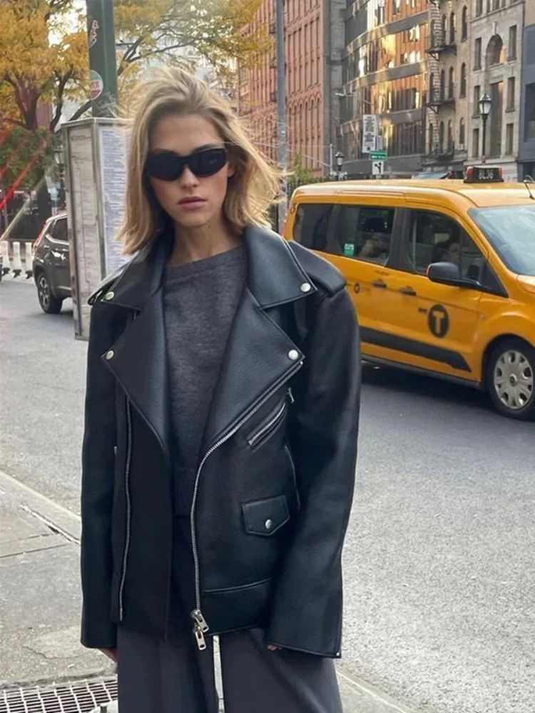 Chic Lapel Collar Leather Zipper Women's Jacket Casual Long Sleeved Vintage Outerwear Autumn New Solid Color Female Streetwear