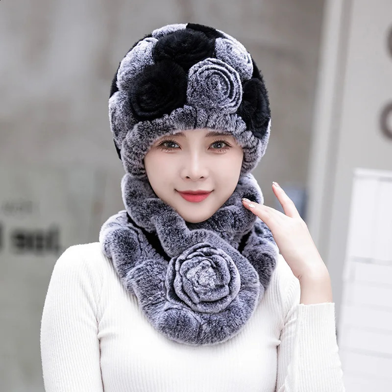 Women Winter Fur Hat Scarf Sets Natural Warm Real Rex Rabbit Fur Cap Scarves Lady Knitted Genuine Fur Hats Muffler 241214