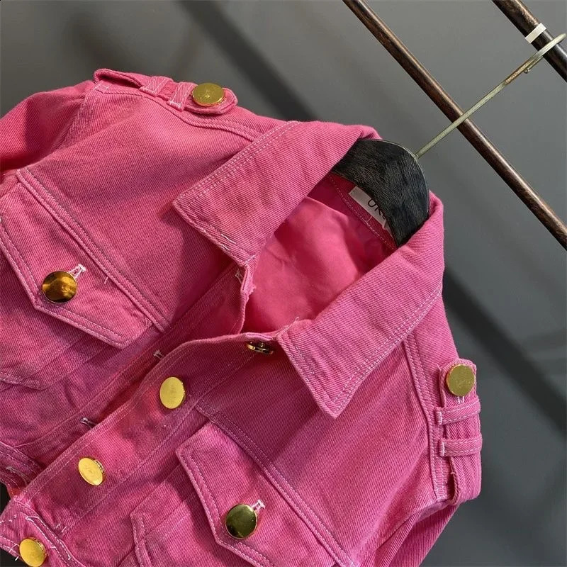 2-15 pink kids baby girls Jean jacket autumn solid color lapel metal button children fashion teenages girl short coat clothes 241223