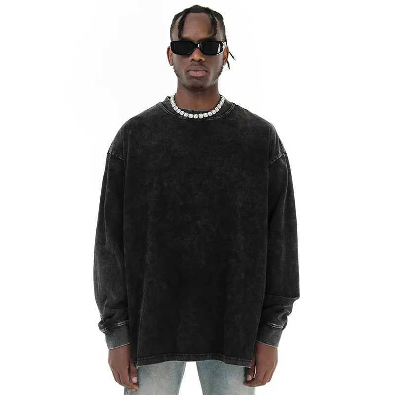 High Quality 230g mens 100% pure cotton long sleeved T-shirt suitable for autumn retro style acid washed tee wax printed round neck casual oversized t