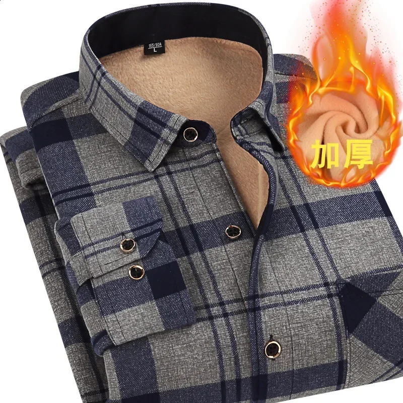 Thick Fleece Plaid Shirts Men Autumn Winter Turn-down Collar Shirt Tops Male Warm Slim Casual Business Jackets Outwear 241223