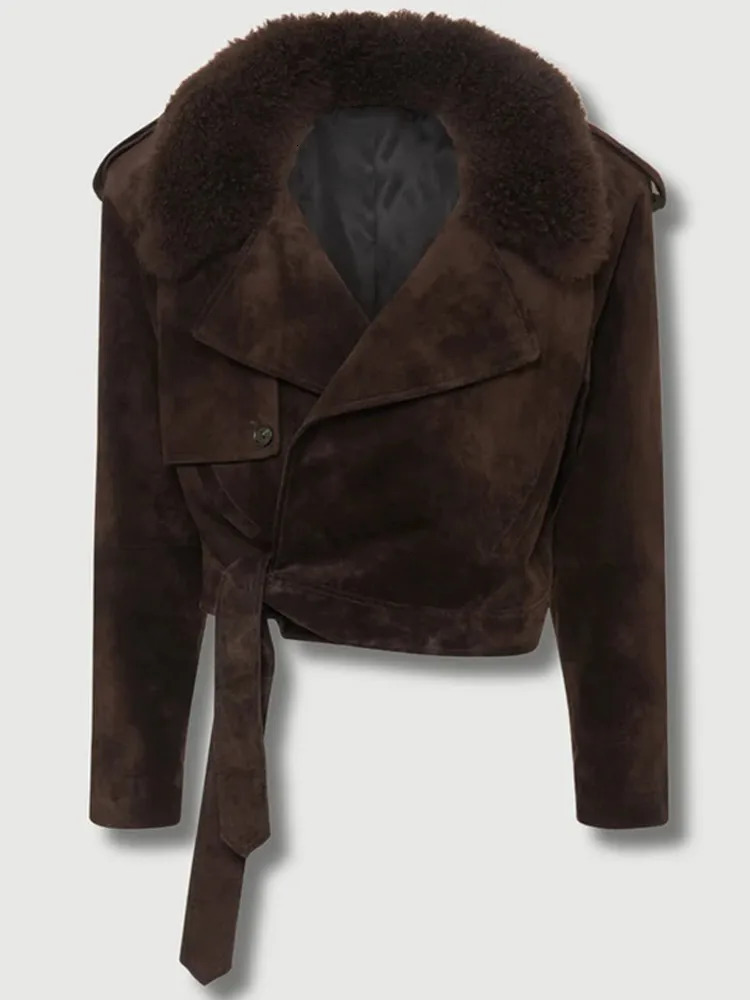 Women Vintage Brown Faux Fur Jacket Chic Lapel Long Sleeve Button Belt Short Coat 2024 Autumn Female High Street Outerwear 241220
