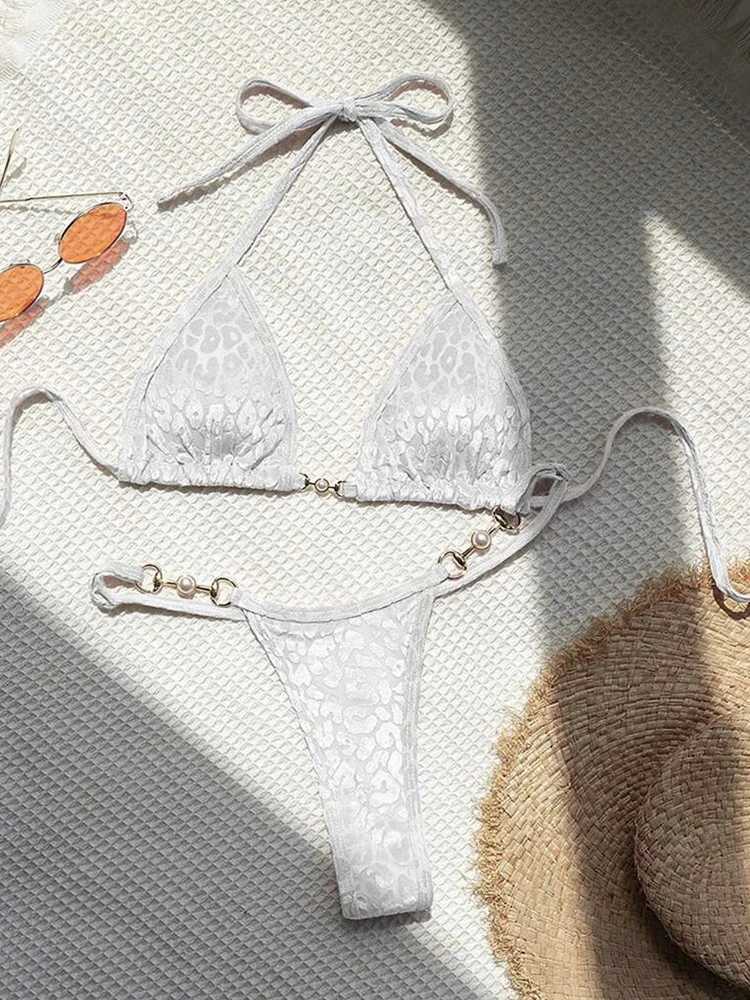 Sexy Swimwear Women Lace Up Bikini Suit Female Leopard Printed Bow Tie Beachwear Pearl Biquinis Swimsuit Bather Bathing SuitXJ241223