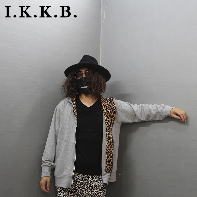 Early autumn slim dark solid cardigan sweater hooded European and American trend casual mens versatile coat Leopard Print 241223