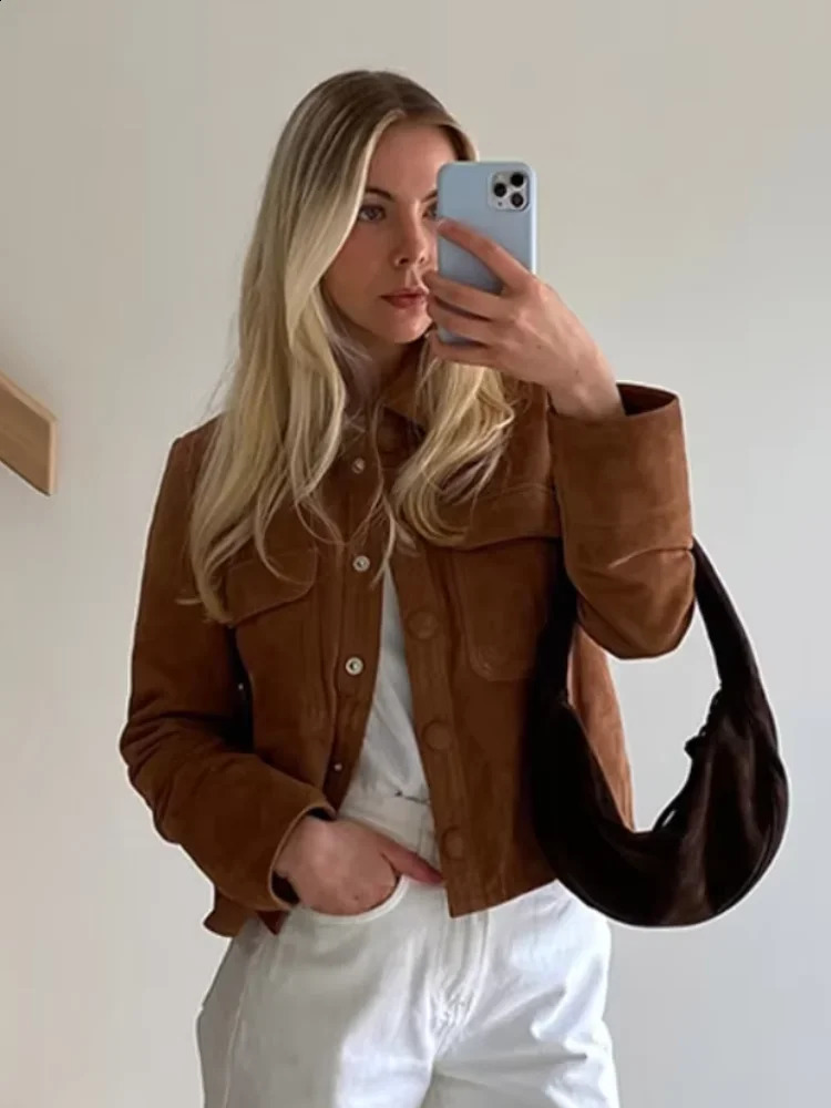 Womens Brown Long Sleeves Short Jackets Vintage Single Breasted With Pocket Cropped Coats 2024 Lady Fashion High Streetwear 241223