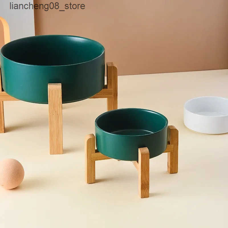 Dog Bowls Dishes 1800ml Big Dogs Double Ceramic Elevated Pet Food Water Feeders Small Medium Large Dog with Wooden Stand L240910