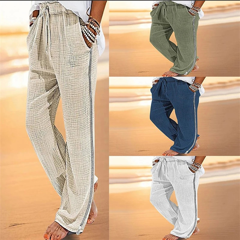 Retro mens pleated cotton linen casual pants drawstring side zipper elastic waist comfortable and breathable beach mens straight pants 241219