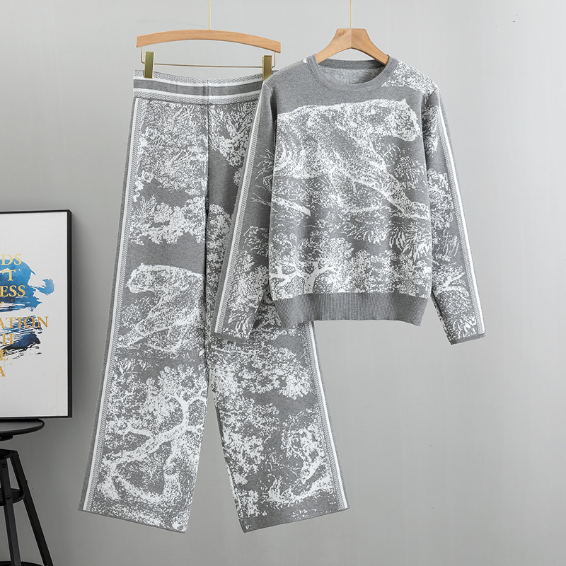 Elegant 2 Pieces Set Knitted Animal Print Sets Women O Neck Sleeve Knitwear+Wide Leg Long Pants Casual Fashion Spring 2023