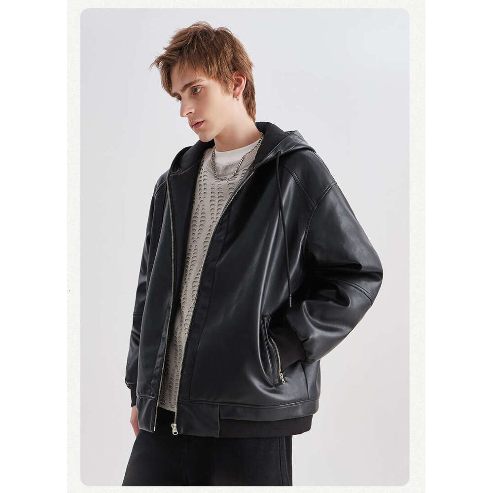 Wear Hooded Cotton Jacket Winter High End Trendy Thickened Warm Loose Zipper Leather Men's Coat