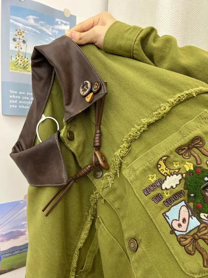 Y2k green embroidery plus size denim jacket for womens spring/summer feeling jacket baseball uniform sports trend 241219