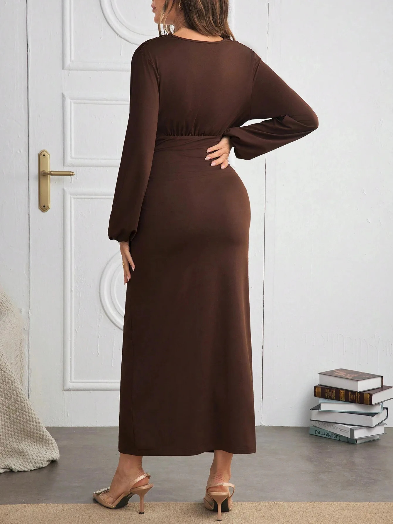 Casual Long Sleeve Dresses For Pregnant Women Spring V-Neck High Waist Poshoot Dress Maternity Maxi Boho Vestidos Clothes 241223