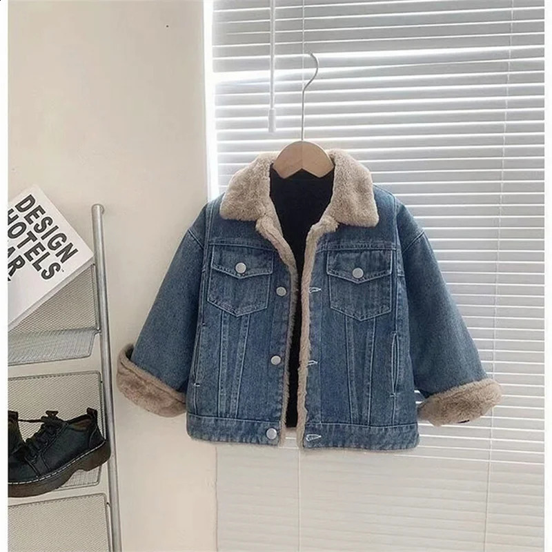 Children Padded Thicken Denim Jacket Winter Warm Plus Velvet Coat Girls Loose Lapel Outerwear Casual Parkas 4-12 Years Old 241223