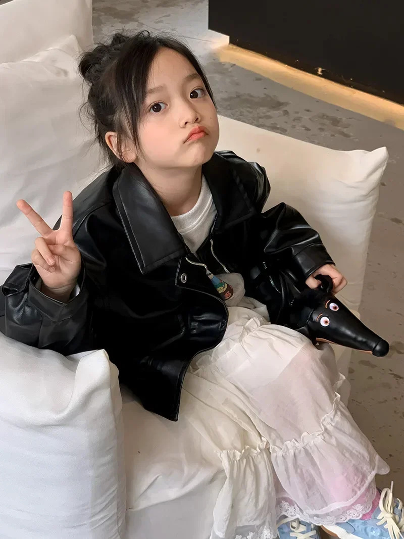 Kid Coat Spring and Summer Boys and Girls Plaid Spring Children Vintage Limited Leather Fashion Niche Black Leather Coat 241223