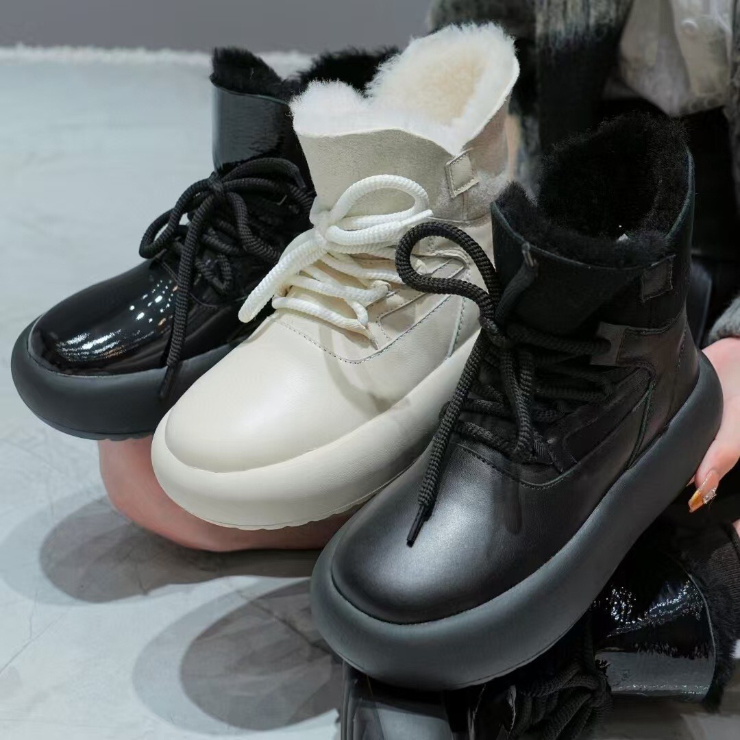 New Winter Warm Bread Cotton Shoes With Genuine Leather Thick Sole And Short Tube Fur Integrated Northeast Snow Boots For Women