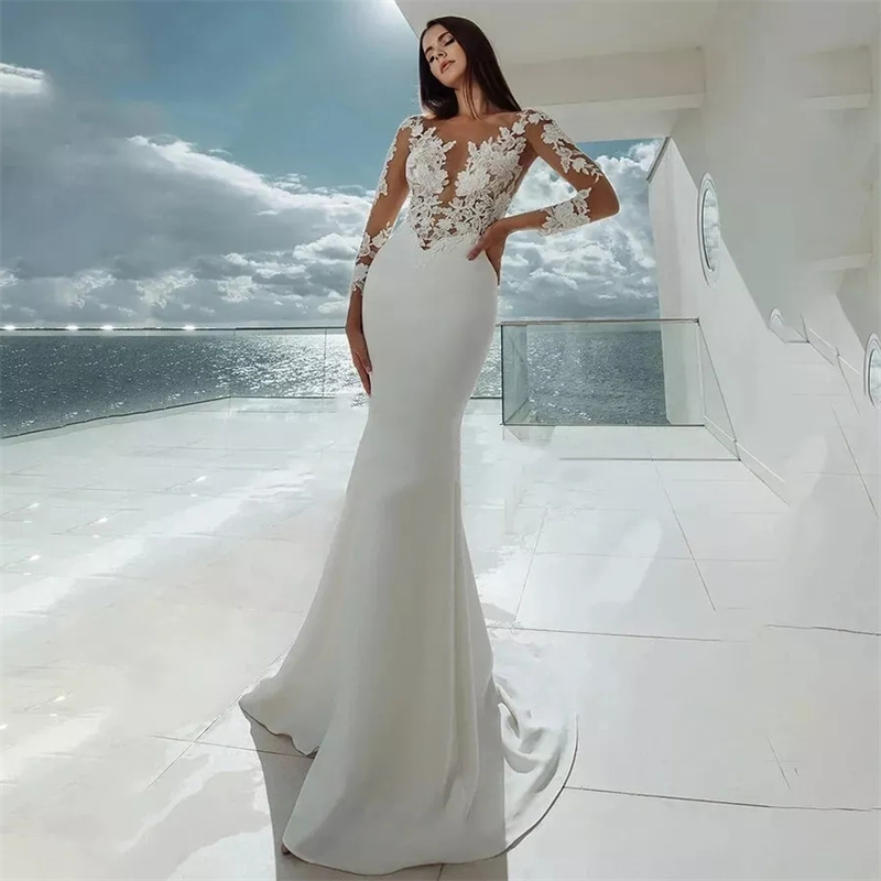 Simple Mermaid Wedding Dress Illsuion Lace Summer Beach Bridal Gowns Long Sleeve Satin Country Garden Bride Dress Gelinlik Vestio De Novia 2025 Robe D
