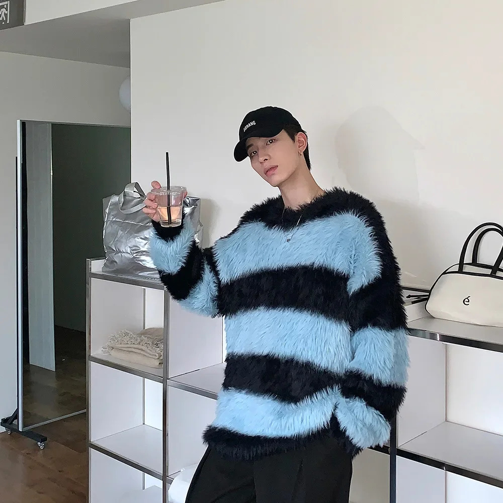 American Retro Color Block Striped Fluffy Knit Sweater Loose Overhead Round Neck Pullover For Men And Women Casual Couples Clot 241223